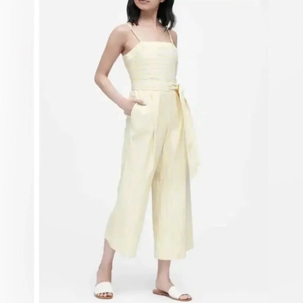 Banana Republic Women Yellow Stripe Linen-Cotton Cropped Jumpsuit‎ sz 4